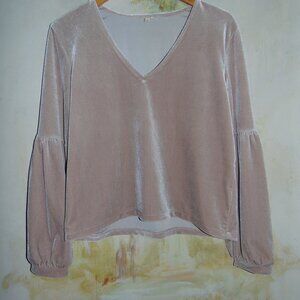 Madewell Velvet Poet Sleeve Blouse Womens Blush Beige Cropped V-Neck M Boho